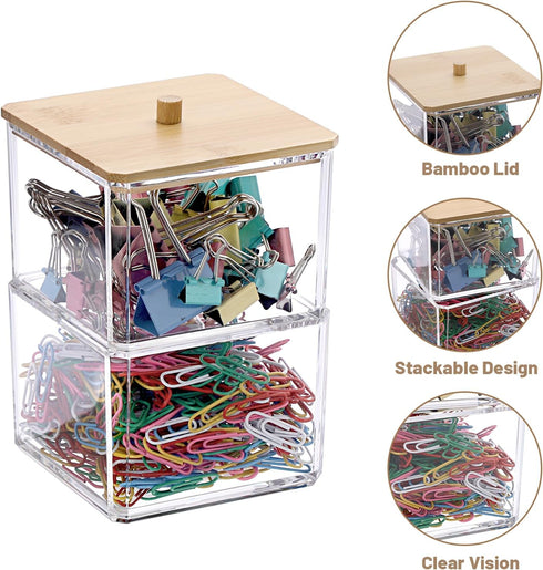 BTSKY Clear Stackable Paper Clip Holder with Bamboo Lid, 2-Layer Acrylic Office Supply Accessory Organizer
