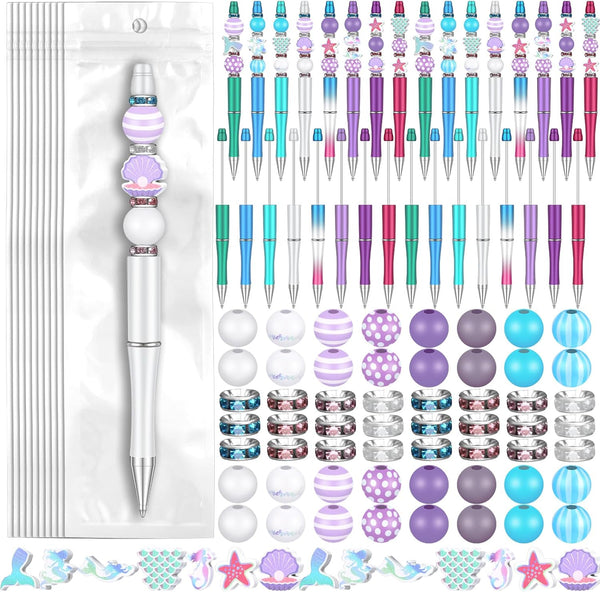 Colarr 24 Sets Plastic Beadable Pens DIY Kit, Assorted Bead Pens, Wood Beads, Crystal Spacer Beads, Black Ink for Crafts