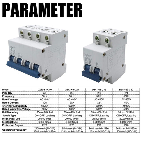 50 Amp Dual-Pole Circuit Breaker Switch, Din Rail Mounted, Household Appliance Circuit Security Protection