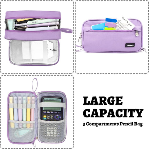 Big Capacity Pencil Case, Durable 3 Compartment Pen Pouch, Portable Zipper Stationery Organizer for Kids, Teens, Adults