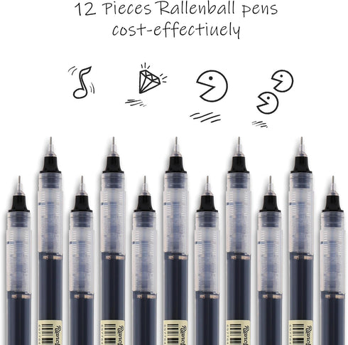 RIANCY 12 Pack Black Liquid Ink Rollerball Gel Pens, 0.5mm Extra Fine Point, Quick Drying for Journaling & Art