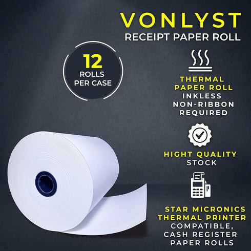 Receipt Paper Roll 3 1/8 x 230 for Square Register and Square POS System, Pack of 12 Rolls -