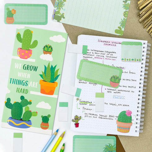 We Grow When Things are Hard Sticky Notes Set, 550 Sheets, Cute Cactus Shaped Memo Pads, Back to School Office Supplies