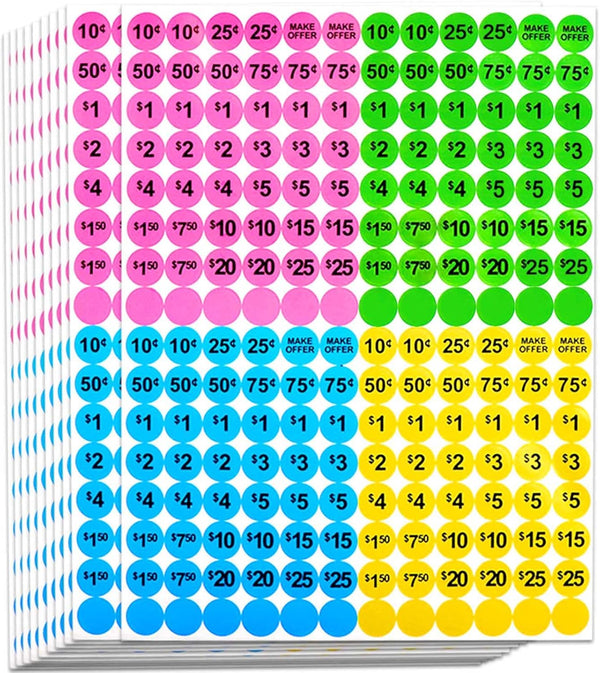 Dreecy Yard Sale Price Stickers, Garage Sale Pre-Priced Price Tag Labels, 1920 PCS 3/4" Diameter Neon Pricing Stickers
