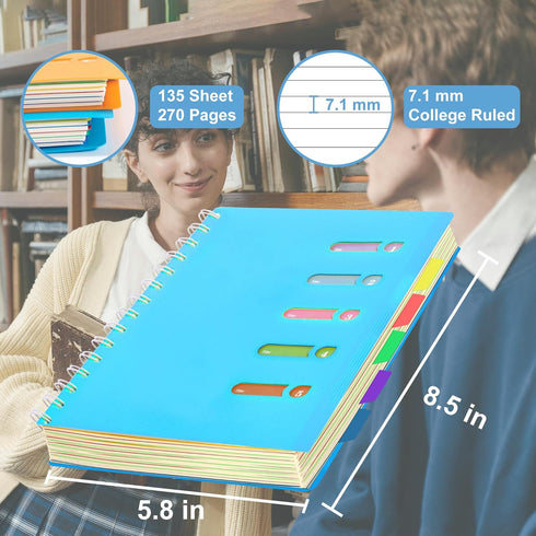 Yoment 5 Subject Notebook College Ruled Spiral Notebook 5x7 with Removable Dividers 270 Pages Notebooks for Work Multi Subject Notebook with 5 Tabs Organizer Notebooks for Note Taking School, A5 Blue by Yoment