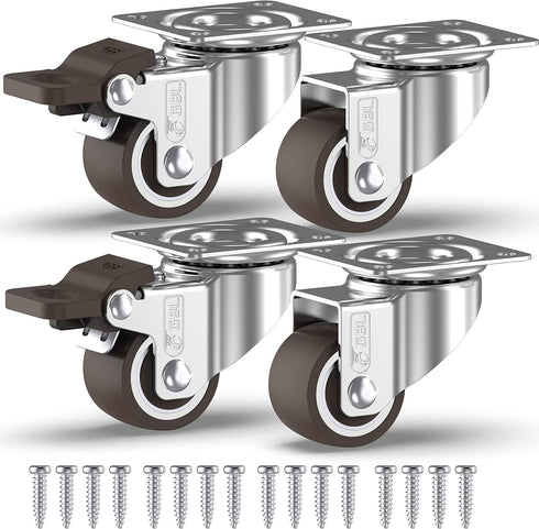 GBL 1" Small Caster Wheels with 2 Brakes + Screws - Set of 4 Low Profile Silent Casters for Cart and Furniture