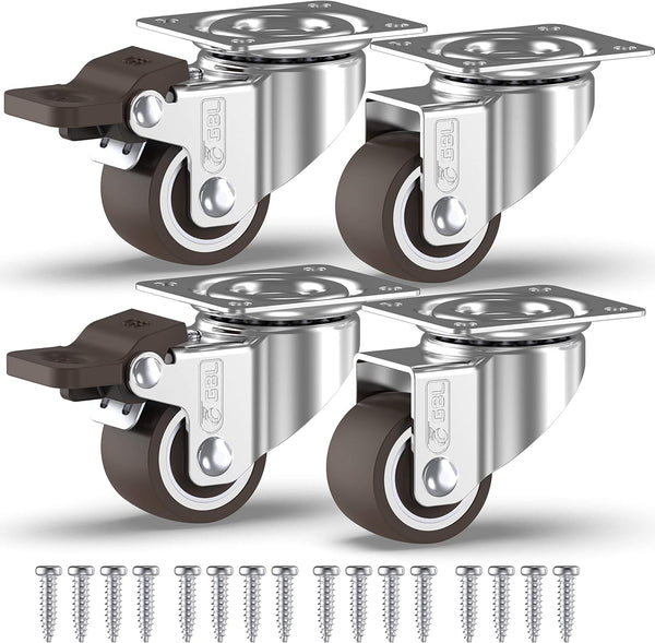GBL 1" Small Caster Wheels with 2 Brakes + Screws - Set of 4 Low Profile Silent Casters for Cart and Furniture
