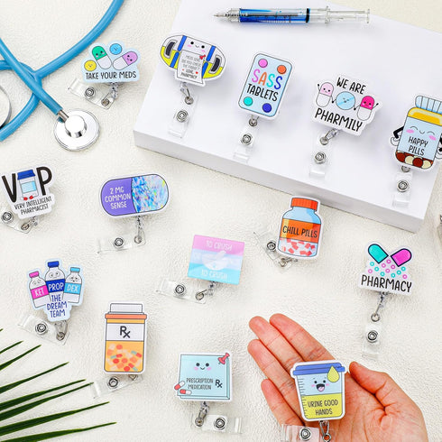 Suncalla 16 Pcs Pharmacy Badge Reel Funny Pharmacy Technician Gifts Retractable Nurse Badge Reel for Doctors Nurses