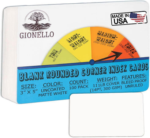 Gionello 100 Unruled 3x5 Index Cards Blank White Heavy Rounded Corners -Study Note