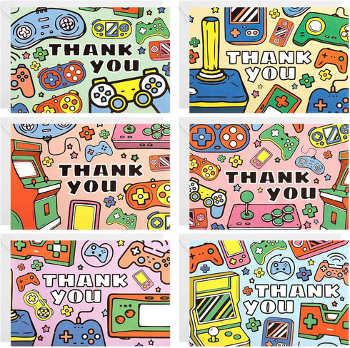 JOELELI 24 Pack Pack Video Game Kids Thank You Cards with Envelope, Funky Gaming Bulk Thank You Notes Small Cute Blank