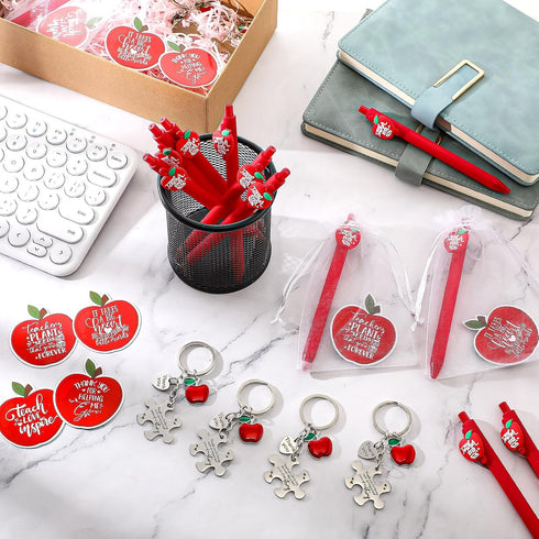 Sinload 24 Sets Thank You Gifts for Teacher Apple Ballpoint Pens Keychain Apple Card Teacher Appreciation Gifts