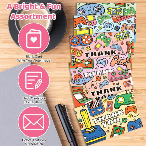 JOELELI 24 Pack Pack Video Game Kids Thank You Cards with Envelope, Funky Gaming Bulk Thank You Notes Small Cute Blank