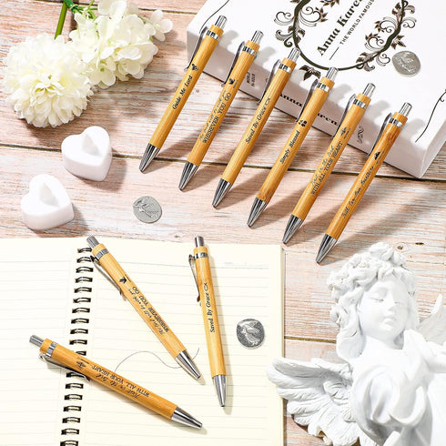 Bible Verse Bamboo Ballpoint Pen, Retractable Christian Pen with Black Ink, Inspirational Scripture, Velvet Bags (48