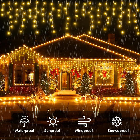BYIZO 480 66+33 8 Christmas Outdoor Icicle Lights - LED FT Modes Curtain Fairy String Light Plug in, Waterproof
