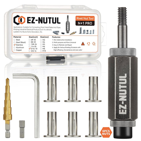 EZ-NUTUL Multi-Grip Rivet Nut Installation Tool Set Pre-Bulbed Shank Flat Head Threaded Insert
