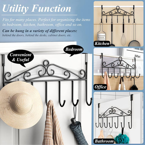 Over The Door Hook, 2 Pieces Towel Rack & Coat Rack Hanger with 7 Hooks (Black)