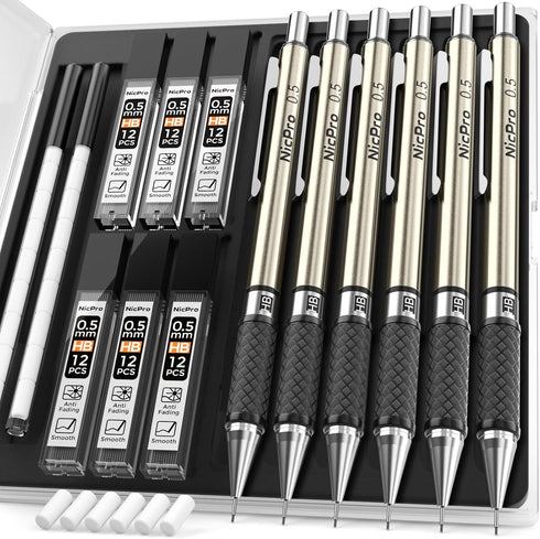 Nicpro 0.5 mm Art Mechanical Pencils Set, 6 PCS Metal Drafting Pencil with 6 Tube HB Lead Refills & 18 Eraser Refills
