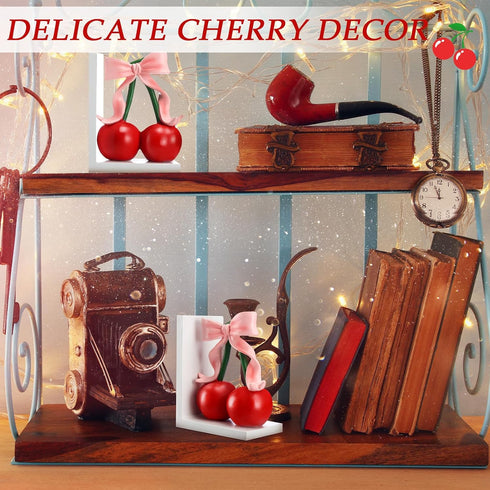Wovnet 2 Pcs Pink Bow Cherry Bookends Wooden Pink Bookends Shelves Coquette Room Decor Cute Cherry Figurine Book Ends