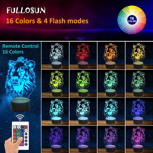 3D 16 FULLOSUN Lion Night Light, King Lion Gift Illusion Lamp for Kids Bedside Lamp with Remote Control Color Changing