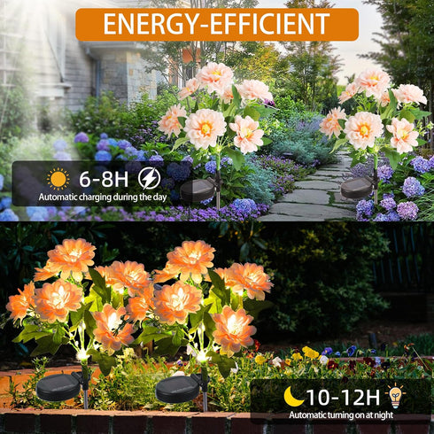 2 Pack Solar Lights Outdoor Waterproof, Garden Decor with 14 Realistic Dahlias/Zinnia, Solar Powered Outdoor Lights