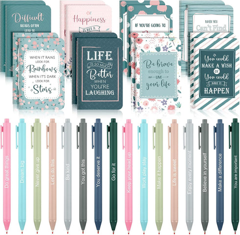 Funrous 32 Pcs Motivational Quote Pens - Inspirational Notepads Mini Journal with Ballpoint Pen, Floral Gift Set