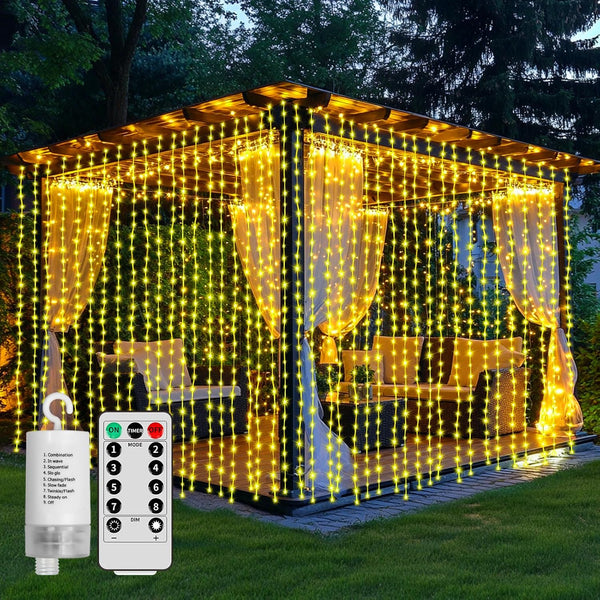 Curtain Lights Battery Operated 10 * 10Ft 300LED Waterfall Light with 8