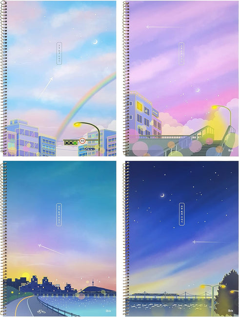 Shining Day Korean Aesthetic Notebooks, Pack of 4, 50 Pages, Lined Spiral Kawaii Notebook Set, Cute Designs for Journal