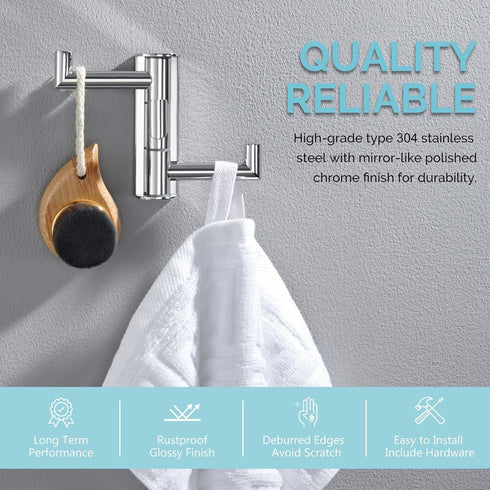 Angle Simple Swivel Towel Hook, Polished Chrome 304 Stainless Steel 3-Arm Robe Hook, Wall Mounted Towel Rack