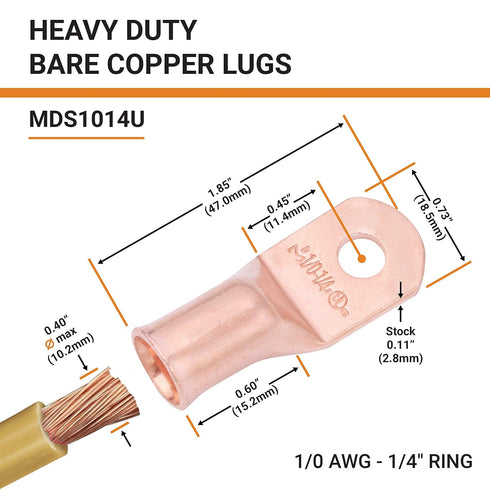 SELTERM 10pcs 1/0 AWG - 1/4" Stud Battery Lugs, Heavy Duty Wire Lugs, Ring Terminals, Battery Cable Ends, 0 Gauge