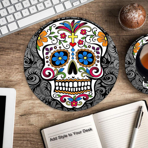 Round Mouse Pad and Coasters Set, Sugar Skull Non-Slip Rubber Mousepad for Gaming and Working