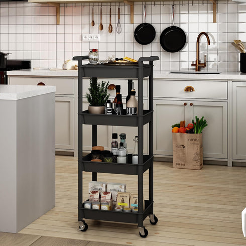 4 STEEHOOM Tier Rolling Cart with Handle, Utility Cart with Table Top Easy Assembly Bathroom Storage Cart on Wheels