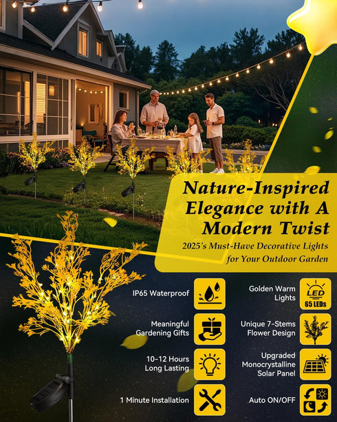 IP65 4 Pack, 7-Stems Neporal Garden Solar Lights Outdoor Waterproof Dusk to Dawn Golden Solar Flowers, Bigger Solar
