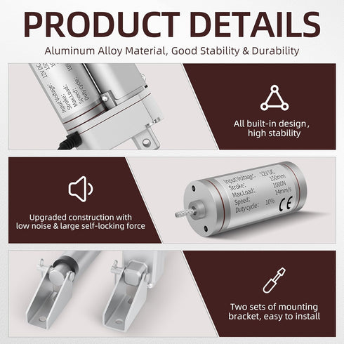 12V Linear Actuator, High Speed 14mm/s, 220lb/1000N Electric Actuator, 6 inch, IP54 Waterproof with Switch.