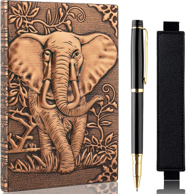 Vintage Elephant Embossed Leather Notebook with Ballpoint Pen, A5 Hardcover Notebook for Business Notepad, Red Copper