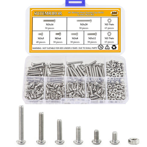 320 Pieces M3 Stainless Steel Button Head Hex Socket Head Cap Bolts Screws Nuts Assortment Kit with Wrench