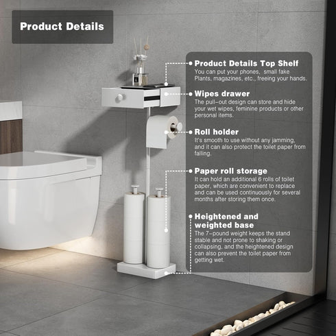 7 VOLDRA Toilet Paper Holder Stand with Shelf, Free Standing Toilet Paper Roll Holder with Wipes Storage Drawer Heavy