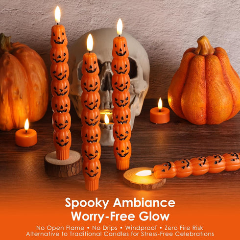 Set 4 Orange Pumpkin Halloween Flameless Taper Candles with Remote, Flickering Spooky LED Wax Candlesticks Battery