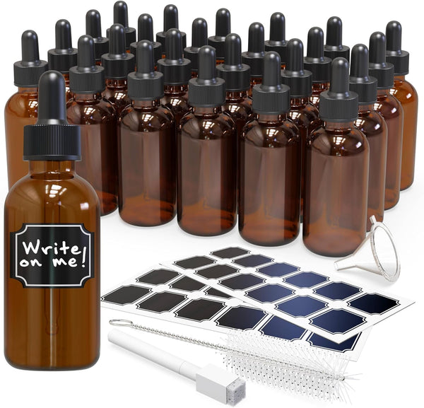 Nevlers 24PK 2 Oz Amber Glass Dropper Bottle, Leakproof with Dropper Set, Useable as Oil Dropper Tincture Bottles,