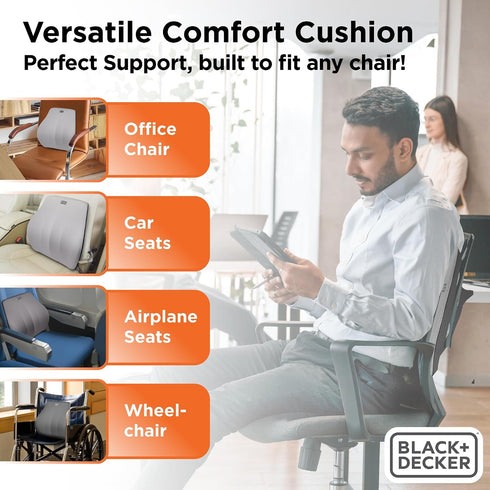BLACK+DECKER Memory Foam Lumbar Support Pillow, Lumbar Cushion for Office, Car, Wheelchair & Airplane Adjustable Strap