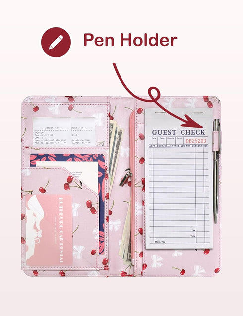 Zreal Cute Server Book for Waitress, Waiter Book with Zipper and Magnetic Pocket, Cherry & Bow Print Serving Book