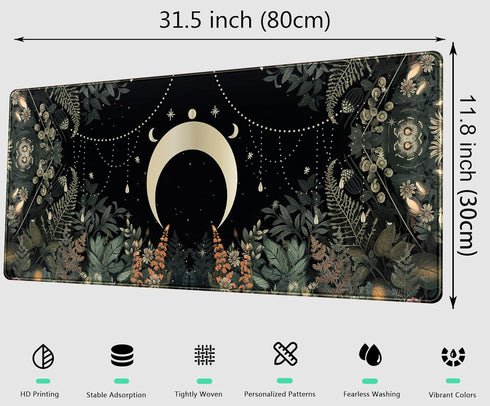 DCJJM 31.5x11.8 Cute Green Forest Leaves Desk Mat Whimsical Moon Mousepad XL Large Extended Gaming Mouse Pad