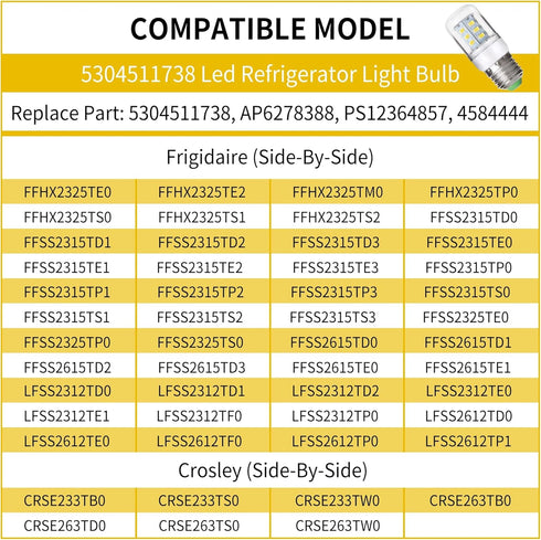 Belleone 5304511738 LED Refrigerator Light Bulb, 3.5W Compatible with Frigidaire, Crosley, Kenmore, 2 Pack