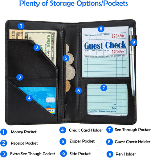 Server Books for Waitress,Cute Pocket Leather Money Organizer Note Pad Cash Bill Restaurant Guest Check Book Holder