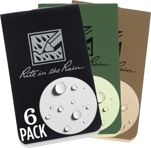 Rite in the Rain Weatherproof On The Go Wallet Notebook, 2" x 3.375", 6 Pack, Tan, Green, Black Cover, Blank Pages