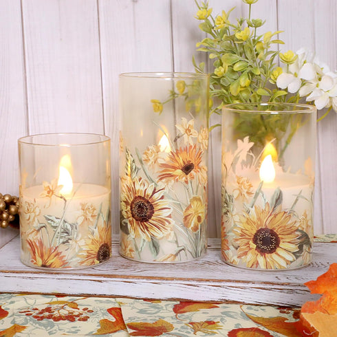 Summer Set 3 Sunflower Glass Flameless Candles Battery Operated with Remote Timer Flickering LED Pillar Candles Fall