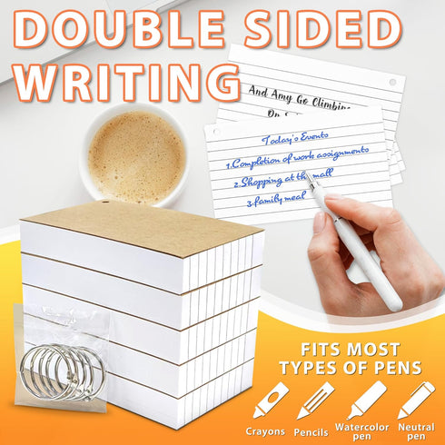 ANSTEEP 500PCS 3x5 Inches White Index Cards, Flash Cards with Ring, Lined on Both Side Notecards Ruled Study Card