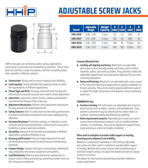 HHIP-3901-0079 Adjustable Screw Jacks, Various Ranges 23-30mm to 100-140mm