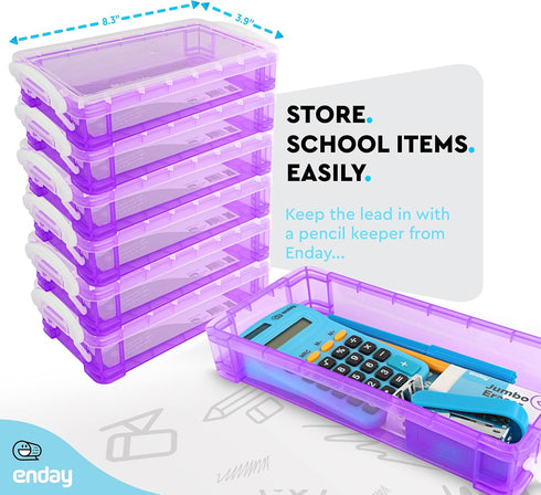 Enday Pencil Case Purple, Plastic Stackable Assorted Color Box, Large Capacity School & Office Supplies