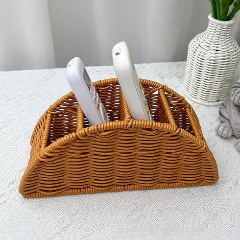Generic 4 Woven Remote Control Holder - Compartment Imitation Rattan Basket | Bohemian Rustic TV Remote Storage Box |