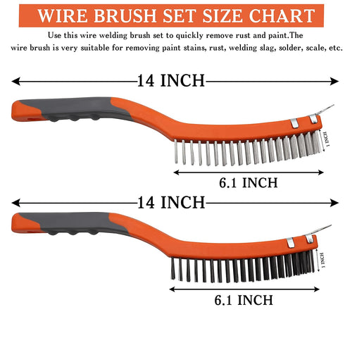 Wire Brush Set 2 Pcs Stainless Steel and Carbon Wire Scratch Brush with Advanced 14" Long Rubber Handle for Cleaning Rust Paint Remover, Welding, Large